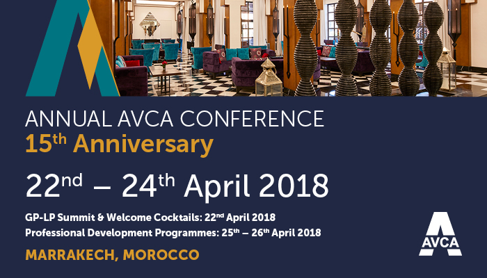 <p>The <strong><a href="http://www.avcaconference.com/" target="_blank">15th Annual AVCA Conference</a></strong> will take place in Marrakech, Morocco, from <strong>Sunday 22<sup>nd</sup> - Tuesday 24<sup>th</sup> April 2018</strong>. AVCA continues to showcase the fastest growing countries in the world to investors, and the pan-African industry association is delighted to gather the industry again in Morocco this April. Given its rising regional influence, Morocco is an increasingly attractive investment destination. To find out more about the conference and to register, please visit the <a href="http://www.avcaconference.com/" target="_blank">AVCA Conference website</a>.</p>
